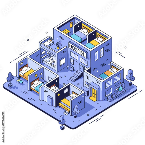 Isometric hostel building: creative architecture with vibrant rooms and greenery. No editable stroke