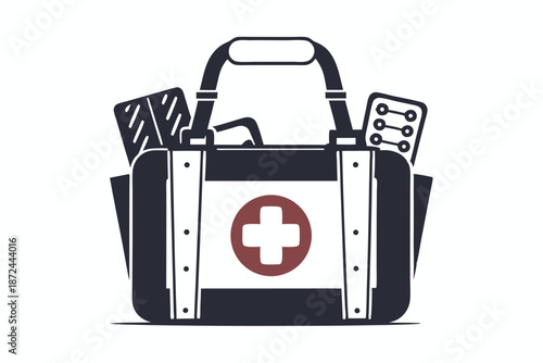 Detailed showcases a medicine bag holding various medical supplies and a red medical cross