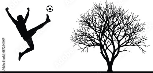 High kick silhouette with soccer ball, airborne motion art, leafless tree vector, outdoor action design, nature illustration set