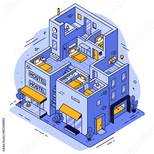 Isometric hostel design with blue tones and minimalist aesthetic. No editable stroke