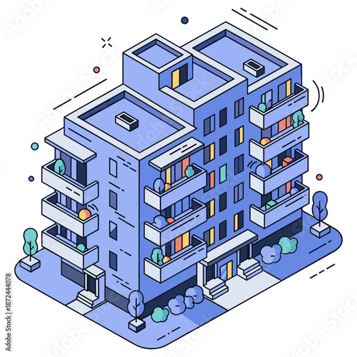 Modern isometric apartment building with balconies and trees in minimalist design. No editable stroke