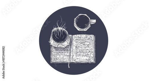 Hand-drawn illustration of a steaming coffee cup on an open book with another cup, perfect for cozy mornings and creative inspiration.