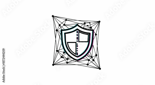 Abstract digital shield icon with network grid, representing cybersecurity, data protection, and network security concept