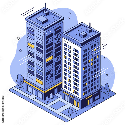 Isometric urban architecture with two blue high-rise buildings. No editable stroke