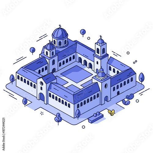 Blue isometric illustration of a historical church with courtyard and towers. No editable stroke