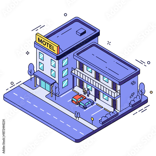 Isometric illustration of a modern motel building with parking and guests. No editable stroke