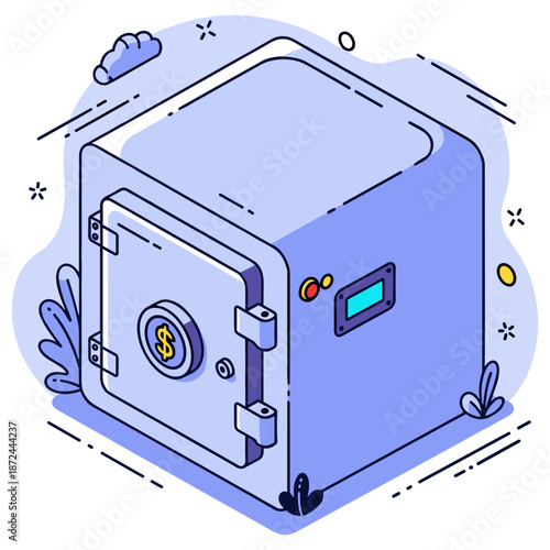Isometric cartoon style safe illustration with dollar sign lock. No editable stroke