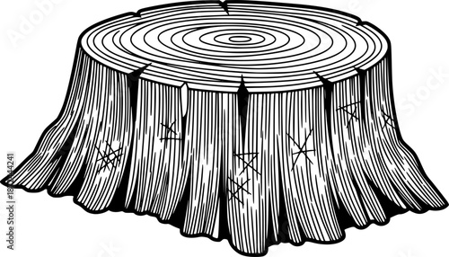 Tree Stump – Black and White Vector Illustration, Wood Cut Trunk Outline, Growth Rings Detail, Forestry Line Art Sketch