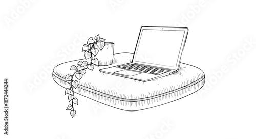 Hand-drawn illustration of a laptop and plant on a heart-shaped cushion, symbolizing love for technology and home comfort.