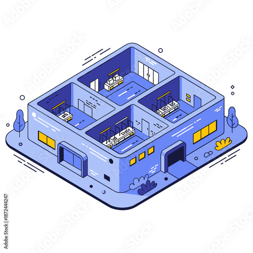 Isometric illustration of a modern office building with multiple rooms and desks. No editable stroke