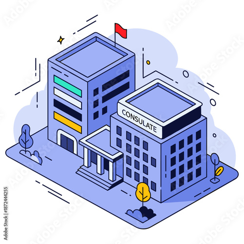 Isometric illustration of a consulate building with flag and modern architecture. No editable stroke