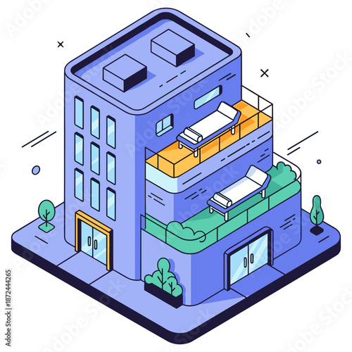 Modern isometric building with rooftop garden and balconies. No editable stroke