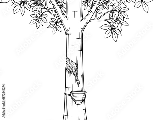 Rubber Tree with Tapping Cup – Black and White Vector Illustration, Latex Production, Agricultural Plant, Forestry Line Art Sketch
