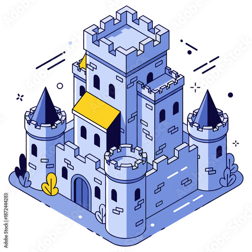 Illustrated medieval castle with blue turrets and yellow roof. No editable stroke