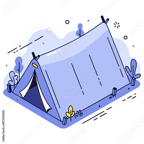 Simple blue tent drawing with minimalist outdoor elements. No editable stroke