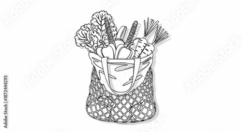 Hand-drawn outline illustration of a reusable mesh bag filled with fresh vegetables and greens, symbolizing healthy eating and sustainability.