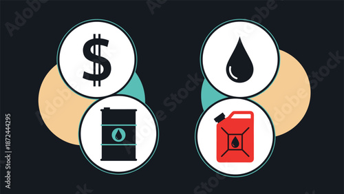 Set of financial icons related to fuel industry showing gas price, oil barrel, fuel drop, and red canister on dark ground.