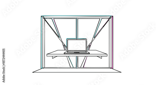 Modern minimalist booth design with laptop on desk, clean lines and geometric structure, exhibition stand concept
