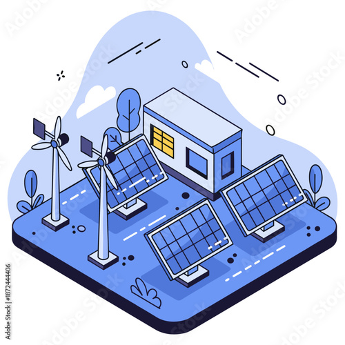 Sustainable energy: solar panels and wind turbines powering a modern building. No editable stroke