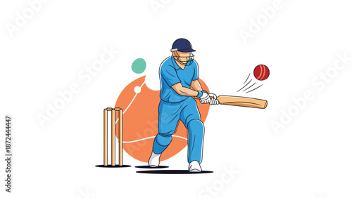 Professional cricket player in blue uniform swinging his bat to hit a ball near the wickets on a stylized field background.