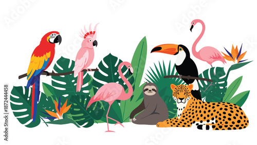 Tropical jungle scene includes a colorful macaw, pink cockatoo, flamingos, toucan, leopard, and a sloth nestled among lush green monstera leaves.