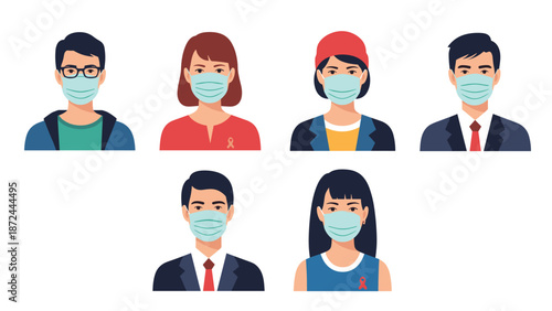 Diverse group of people from various backgrounds are shown wearing protective medical face masks to ensure public health safety during a pandemic.