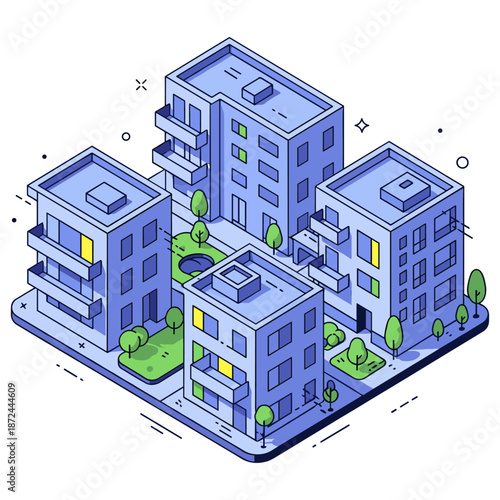Isometric urban apartment complex with green spaces and modern architecture. No editable stroke