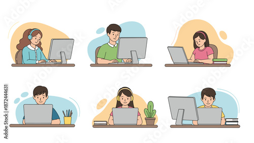 Set of illustrations shows diverse students and remote workers sitting at desks while using computers and laptops for education and professional work.