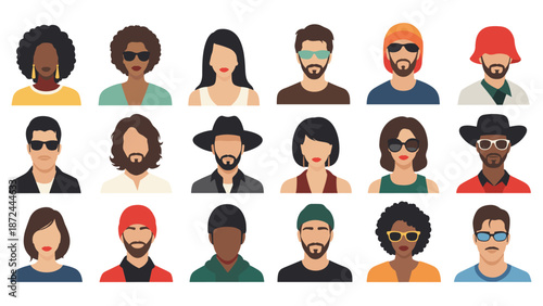 Collection of diverse human avatars features men and women with different skin tones, hairstyles, and accessories like glasses, hats, and beanies.