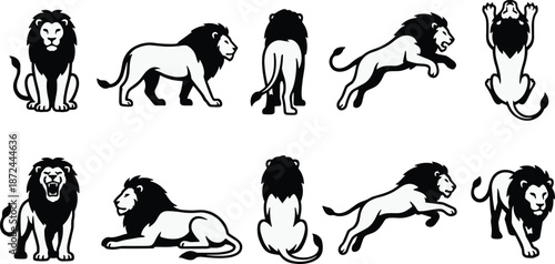 Lion illustration set, graphic lion poses, bold lion artwork, stylized lion vector, roaring lion icon, dynamic lion silhouette, majestic lion design, black mane lion, lion branding asset