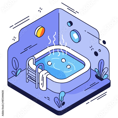 Isometric cartoon hot tub spa with steam and pool accessories. No editable stroke