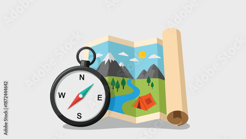 Adventure planning illustration includes a classic compass and a folded paper map showing a scenic mountain landscape with a tent and a river.