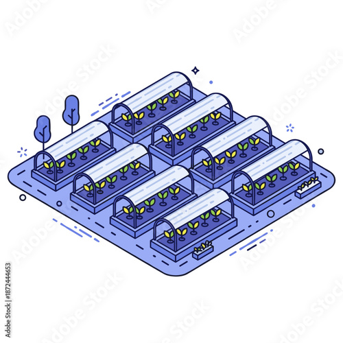 Isometric illustration of modern automated greenhouses with hydroponic plants. No editable stroke