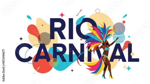 Rio Carnival celebration poster showcases a dancer in a vibrant feathered costume next to large stylized text and colorful abstract splash shapes.