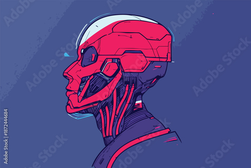 A stylized digital illustration showcases a futuristic robotic head design with a vibrant red and white color scheme against a deep blue background, emphasizing technological advancements.