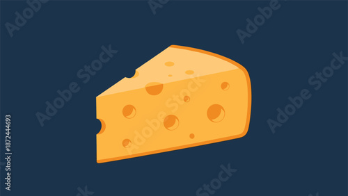 Sliced piece of yellow swiss cheese with iconic holes is shown as a simple flat illustration against a dark blue solid background for food design.