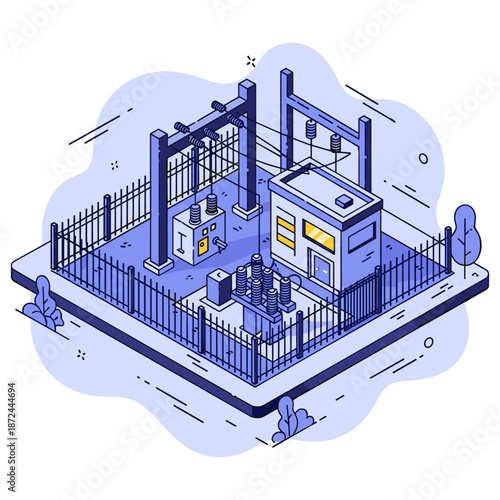 Isometric illustration of electrical substation with fenced perimeter and equipment. No editable stroke