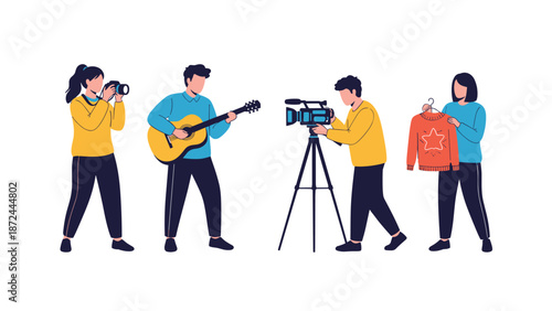 Creative professionals including a photographer, videographer, musician, and fashion designer working together as a team.