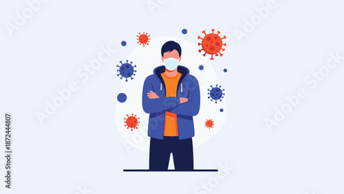 Illustration of a man wearing a face mask with his arms crossed stands amidst floating colorful virus particles on a pale background for health.