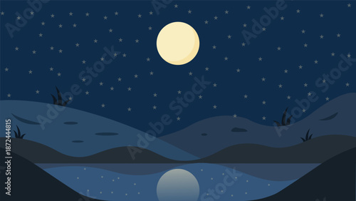 Peaceful night scene featuring a full moon starry sky rolling hills and water reflection perfect for meditation nature themes wallpapers apps storytelling backgrounds and calm designs