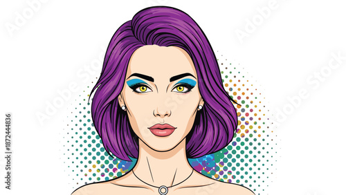 Pop art style illustration of a beautiful woman with vibrant purple hair and bright blue eyeshadow on dotted background.
