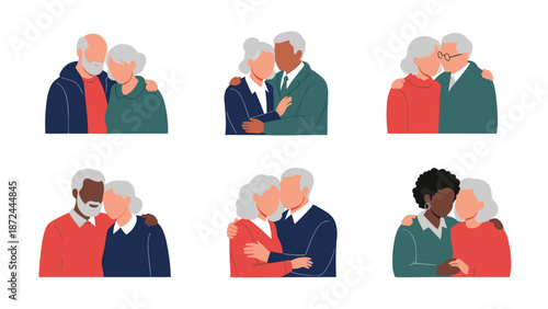 Diverse collection of elderly couples embracing and showing moments of love to illustrate companionship and retirement.