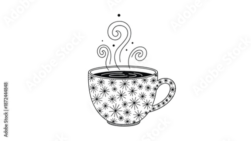Hand drawn black and white line art of a steaming hot coffee cup decorated with star patterns and swirling steam clouds.