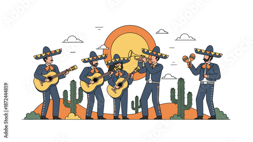 Traditional Mexican mariachi band members playing musical instruments in a desert landscape with sun and cactus plants.
