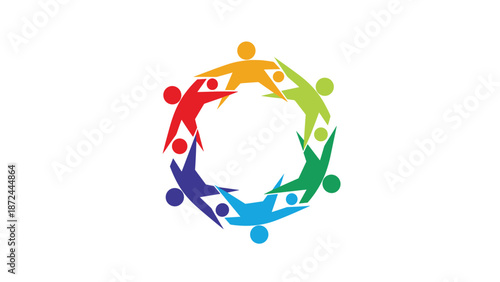 Colorful logo icon of people holding hands in a circular formation to represent unity, global diversity, and teamwork.