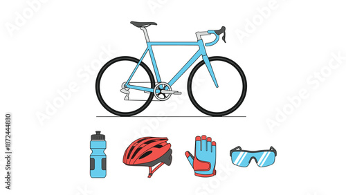 Professional road bicycle shown with necessary cycling gear including a water bottle, safety helmet, gloves, and glasses.