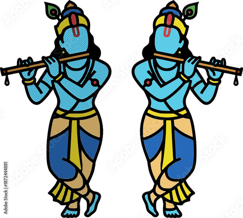 Lord Krishna vector illustration depicting the Hindu god playing flute in a graceful dancing pose. Rendered in clean line art and flat color style