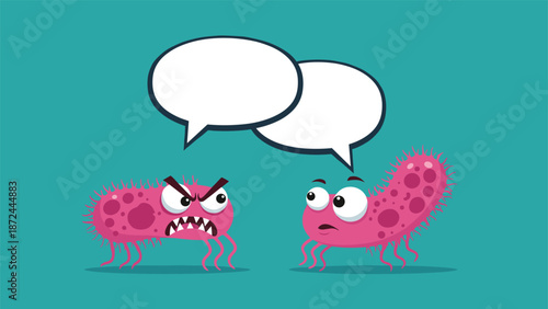 Cartoon microorganisms or bacteria characters having a conversation with empty speech bubbles for medical or science use.