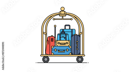 Hotel bellhop luggage cart filled with various colorful travel bags and suitcases ready for guests to check in or out.