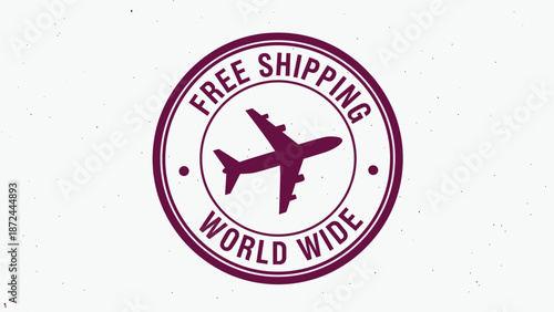 Round postal stamp with an airplane icon and free shipping worldwide text for international delivery and cargo logistics.